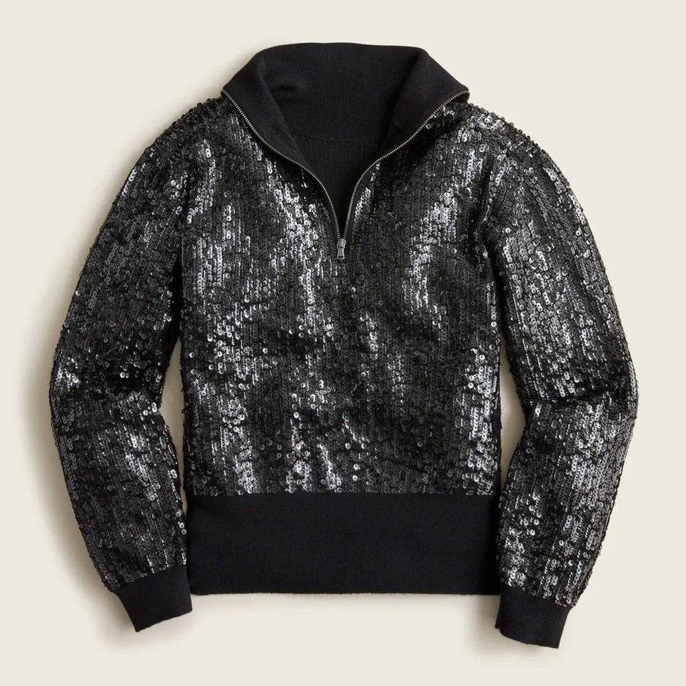 J. Crew Black Sequin Zip-Neck Pullover Sweater